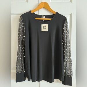 NWT - Anne Klein Black Blouse with Sheer Gold Polka Dot Sleeves (sz Large)